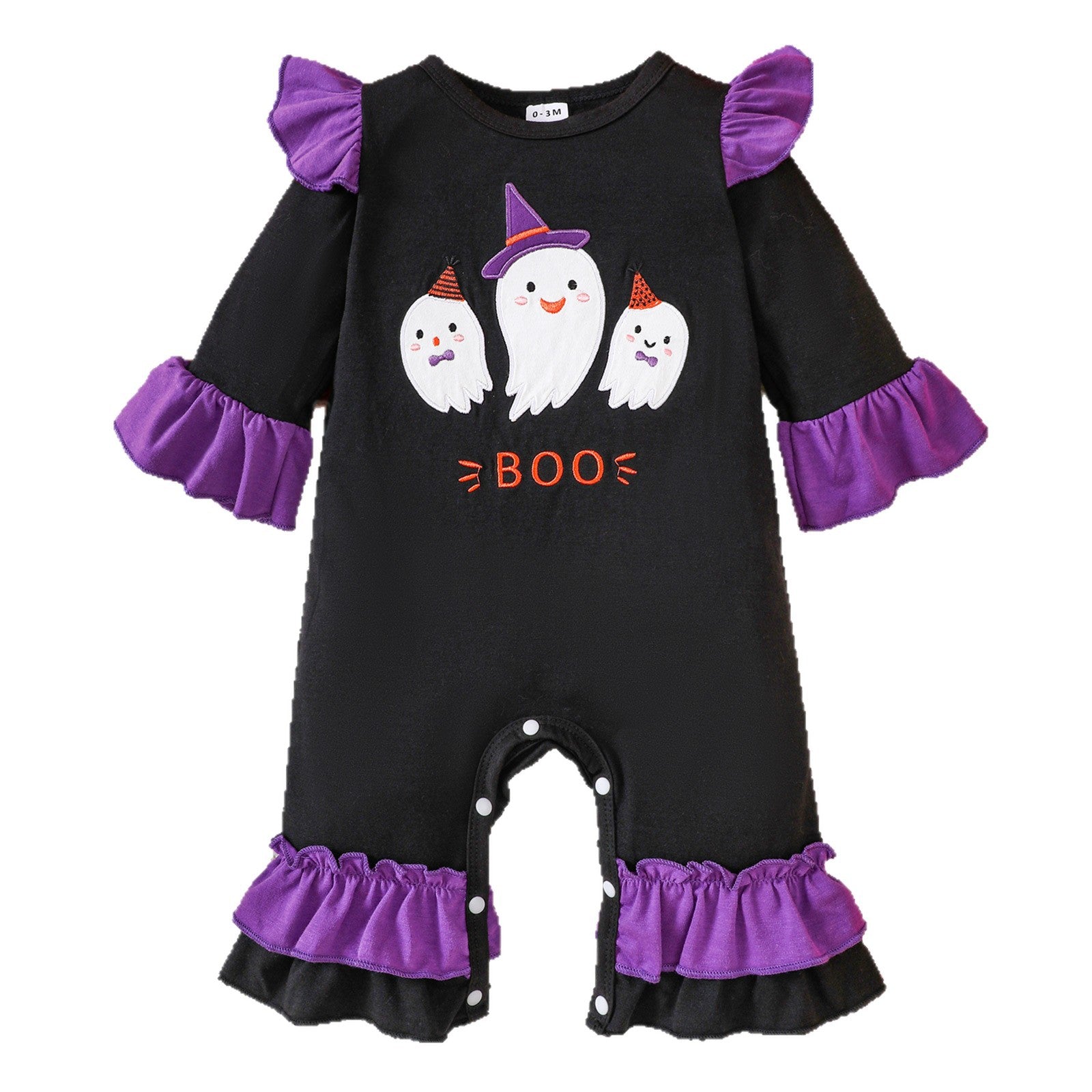 Infant Halloween Romper with Ruffle Ghost Deer Embroidery Long Sleeve Onesie Baby Outerwear Crawling Suit