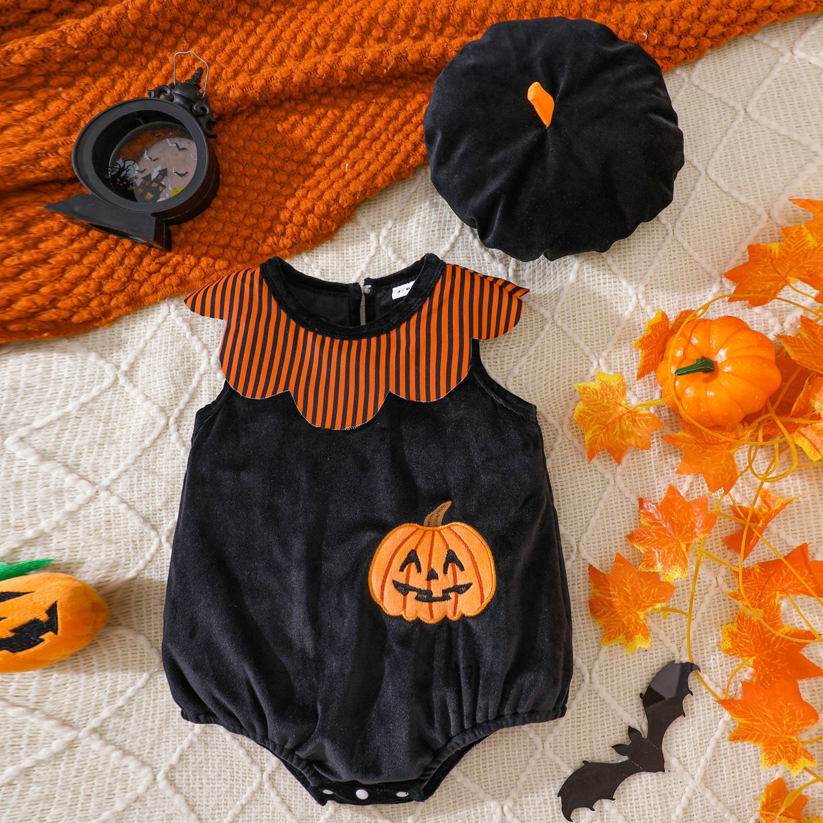 Baby Velvet Sleeveless Bodysuit with Embroidered Pumpkin Hat Halloween Costume Baby One-Piece Outfit