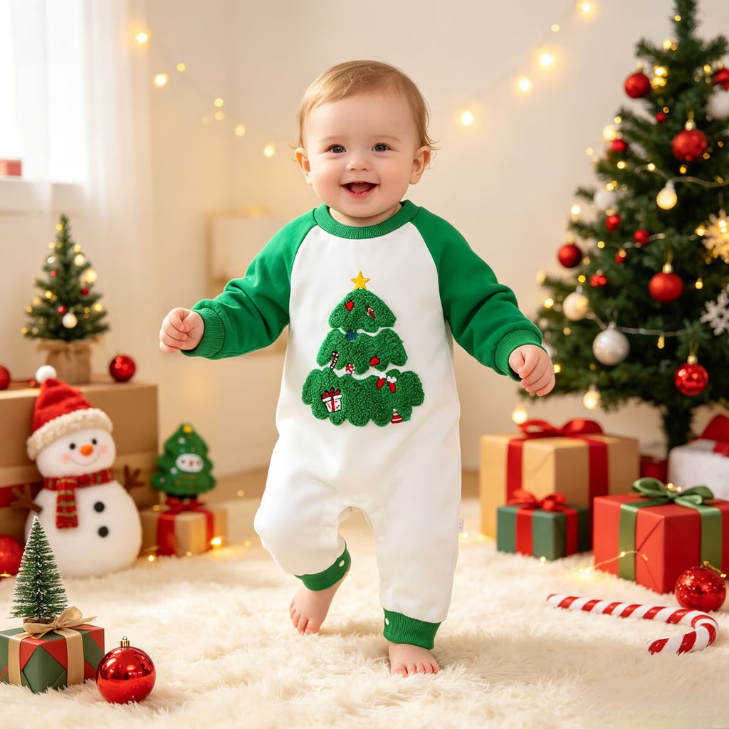 Source Factory Christmas Baby Romper with Christmas Tree Embroidery, Long Sleeve Infant Onesie Newborn Crawling Suit