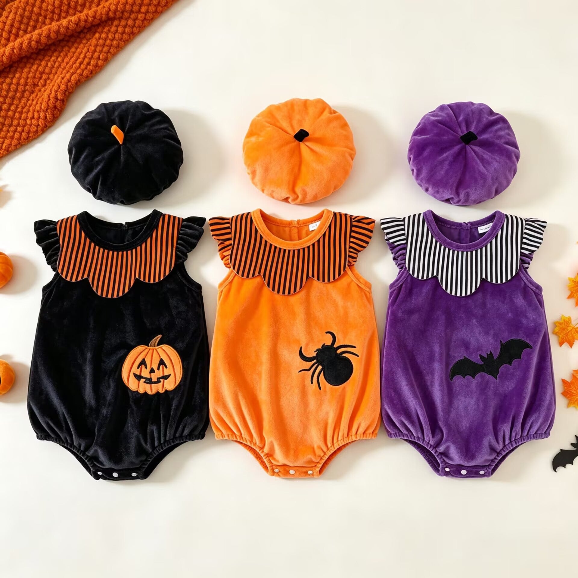 Baby Velvet Sleeveless Bodysuit with Embroidered Pumpkin Hat Halloween Costume Baby One-Piece Outfit