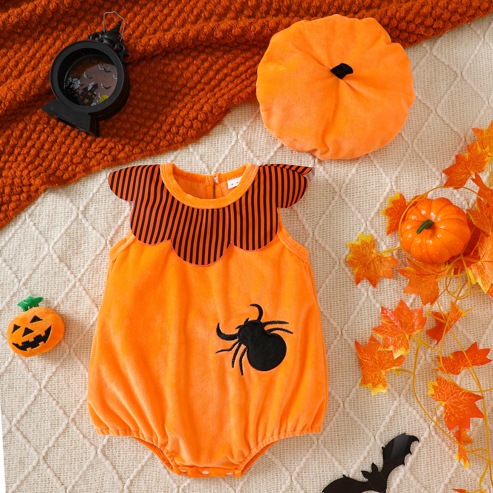 Baby Velvet Sleeveless Bodysuit with Embroidered Pumpkin Hat Halloween Costume Baby One-Piece Outfit