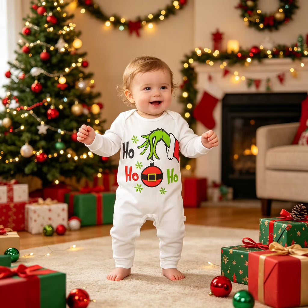 Baby Cartoon Christmas Long Sleeve Cotton Onesie for Newborns, Baby Bodysuit with Flat Crotch, Outing Romper