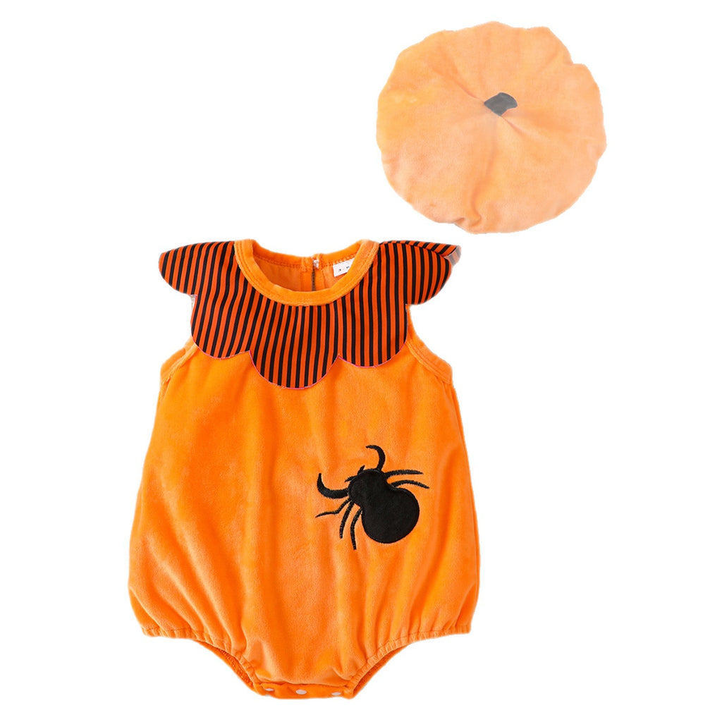 Baby Velvet Sleeveless Bodysuit with Embroidered Pumpkin Hat Halloween Costume Baby One-Piece Outfit