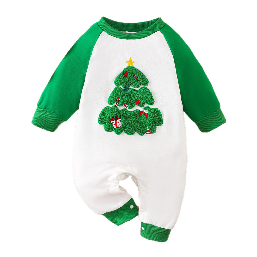Source Factory Christmas Baby Romper with Christmas Tree Embroidery, Long Sleeve Infant Onesie Newborn Crawling Suit