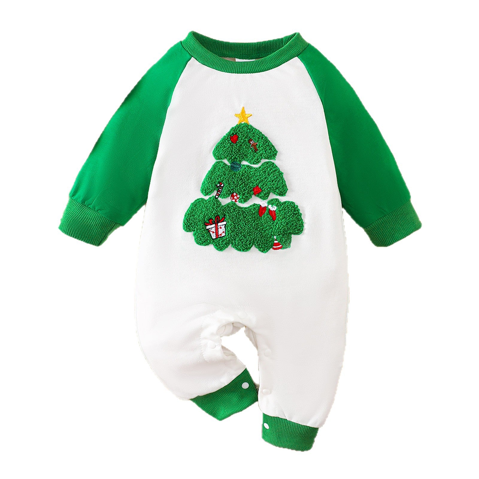 Source Factory Christmas Baby Romper with Christmas Tree Embroidery, Long Sleeve Infant Onesie Newborn Crawling Suit