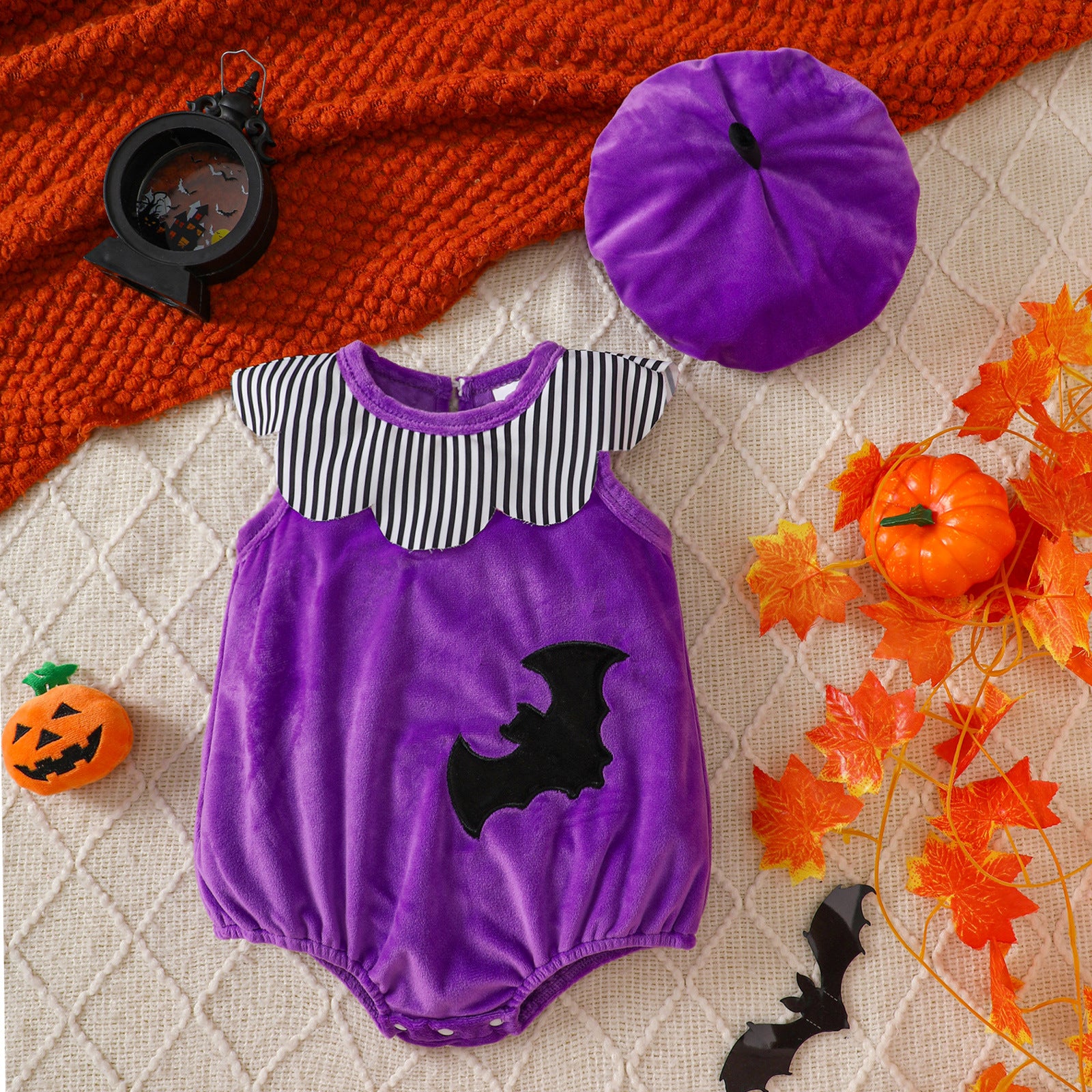 Baby Velvet Sleeveless Bodysuit with Embroidered Pumpkin Hat Halloween Costume Baby One-Piece Outfit