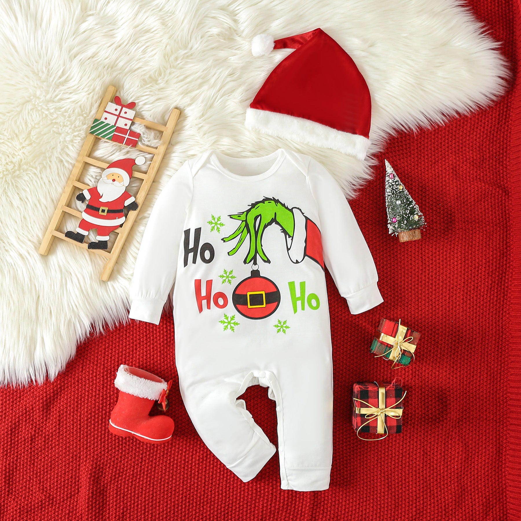 Baby Cartoon Christmas Long Sleeve Cotton Onesie for Newborns, Baby Bodysuit with Flat Crotch, Outing Romper