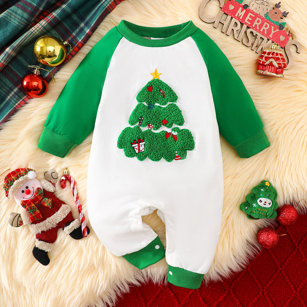 Source Factory Christmas Baby Romper with Christmas Tree Embroidery, Long Sleeve Infant Onesie Newborn Crawling Suit
